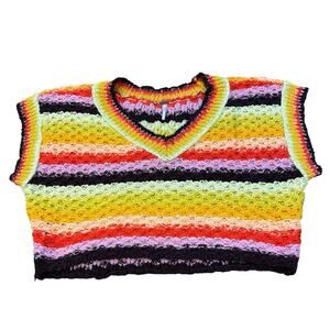 Free People Rainbow Stripe Crochet Knit Sweater Vest Boho Festival Crop Small